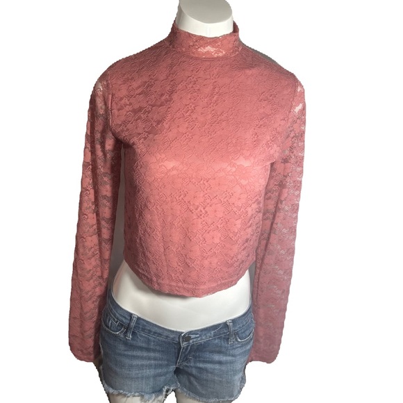 CALLLIOP LACE PINK CROPPED TOP LONG SLEEVES HIGH NECK BUTT BACK - Picture 1 of 8
